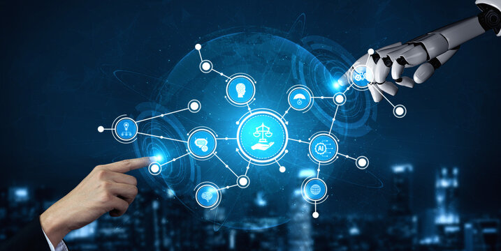 A conceptual illustration showcasing the intersection of law and technology, featuring a digital interface with human and robotic elements representing innovation and progress. Tessel