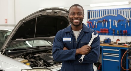 Smiling African mechanic stands with wrench in his auto repair shop, showcasing professionalism and expertise in vehicle maintenance.