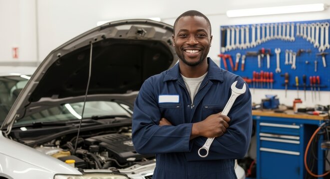 Smiling African mechanic stands with wrench in his auto repair shop, showcasing professionalism and expertise in vehicle maintenance.
