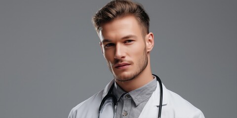 Obraz premium Young caucasian male doctor with stethoscope in gray shirt and white coat confident expression