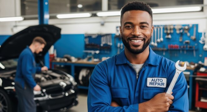 Confident auto mechanic smiles holding a wrench in a bustling car repair shop, showcasing expertise and friendly service.