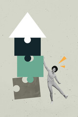 Vertical pop creative art collage of happy businesswoman stand puzzle element jigsaw aim achievement match piece project