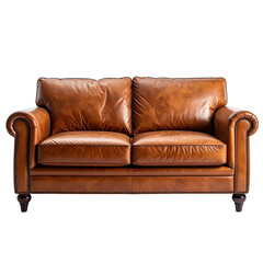 Two-seater brown leather sofa with cushions, dark wood legs, nailhead trim