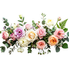 Floral arrangement with roses, greens, and accents on a black background