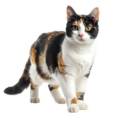 Calico domestic shorthair cat standing. Orange, black, and white coat