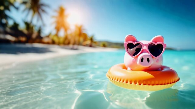 Close up of pink piggy bank with sunglasses and hat, sunny day sandy coast, summer vacation at sea beach or pool background. saving money concept - Powered by Adobe