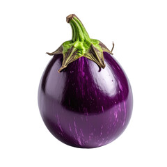 Round eggplant with a shiny purple skin against a stark black backdrop