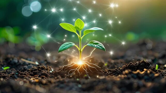Gentle Hand Nurturing a Vibrant Seedling with Glowing Roots in Fertile Soil, Symbolizing Growth and New Beginnings.