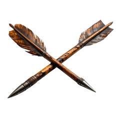 Two crossed, detailed, brown, feathered arrows on a black background