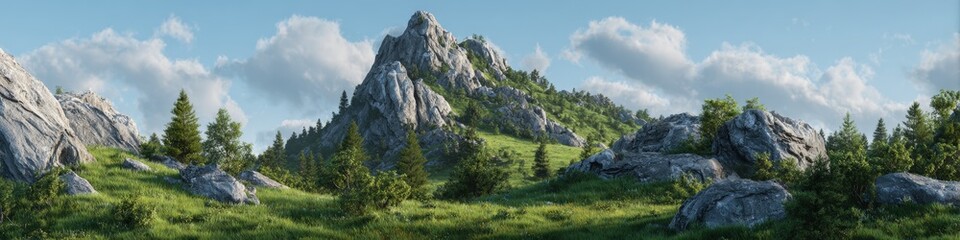 Obraz premium A panoramic horizontal landscape showcasing a towering, jagged mountain covered partially in lush green grass and scattered pine trees, set against blue sky dotted with scattered white cumulus clouds