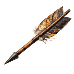 Ornate arrow with fletching, metal tip & shaft on black background