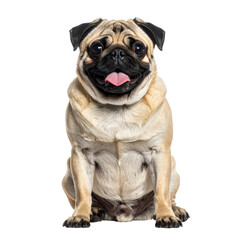 Fototapeta premium Happy pug sits looking at camera. Dark background and great lighting