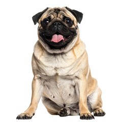 Smiling, light brown pug sits, tongue out, against a dark background