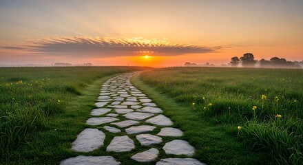 Pathway to Dawn: Stone Road Through Grassy Meadow Leading to a Vibrant Sunrise, Capturing Peace and Serenity.