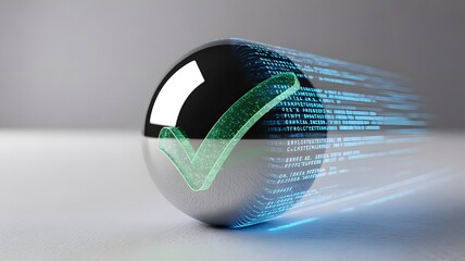 Shiny sphere with green checkmark and data stream