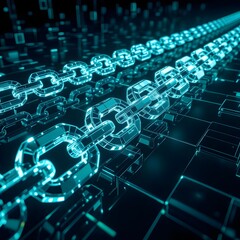 Digital blockchain network with glowing blue chains and circuit board background