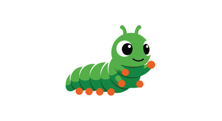 Smiling green cartoon caterpillar with orange feet on white