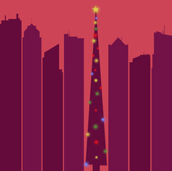 A tall Christmas tree is seen in the middle of skyscrapers in an illustration about Christmas in the city.