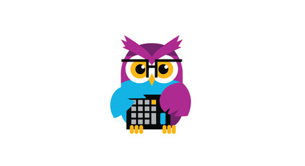 Geometric owl with glasses, holding calculator