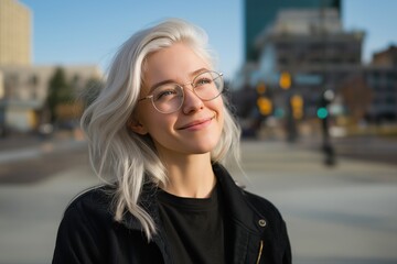 Fototapeta premium Young caucasian female with glasses smiling outdoors in urban setting