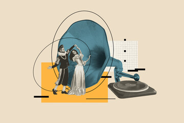 Composite poster banner 3d collage photo of two happy duchess duke dance together vinyl disk party recorder weekend baroque clubbing
