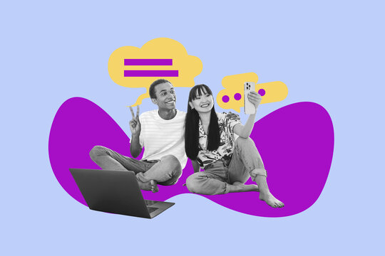 Trendy poster art pop collage of happy men women speak together bubble communication chatterbox icon dialogue conversation