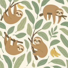 Naklejka premium Sloth Cute Branch Character Fun Jungle Happy Lazy Nature Animal Sloths Tropical Forest Friendly Print Illustration Vector Design