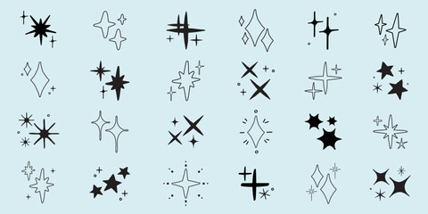 Collection of star doodles in various shapes. Star designs, star patterns, and star symbols. Simple black star illustrations on a light background. Element vector set.