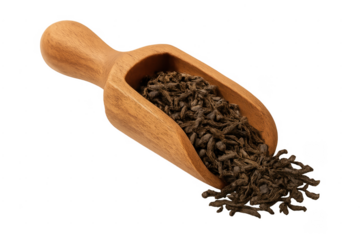 Wooden scoop holding dry loose leaf herbal tea