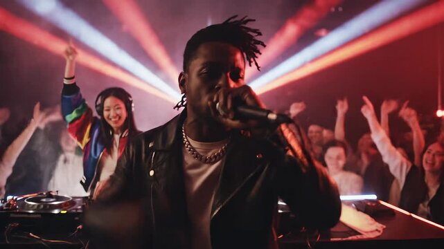A rapper holding a microphone moves toward the camera while performing, as the DJ mixes tracks beside him and the crowd behind them raises their hands and dances under bright stage lights