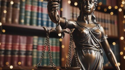 Justice symbol sculpture scales law books background soft lights