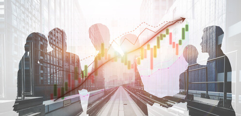 A dynamic business team collaborates on financial growth strategies, silhouetted against a modern city skyline with an upward graph overlay, symbolizing success. Impute