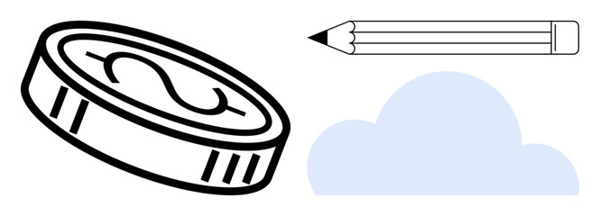 Coin with dollar sign, pencil, and cloud illustration represents creativity, planning, finance, imagination, innovation, economy and growth. Ideal for creative thinking and finance themes simple