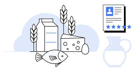 Assorted foods including milk, cheese, fish, grains, and egg alongside a nutrition profile graphic. Ideal for health, diet planning, wellness, food safety balanced diets culinary and nutrition