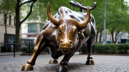 A close-up shot of the iconic bronze bull sculpture, symbol of financial strength and optimism. It stands powerful in an urban setting. 