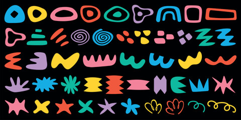 Colorful abstract shapes on black background. Bright, vibrant shapes include circles, zigzags, and stars. Abstract shapes in red, blue, yellow, and green. Colorful vector set.