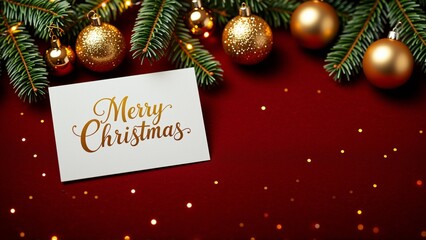 digital illustration christmas greeting card words merry christmas written gold cursive font white card card placed red background small gold dots scattered around right side several golden christmas