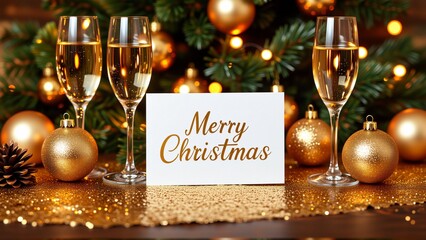 festive scene christmas tree background tree decorated gold orange ornaments lights two champagne glasses filled champagne right side side white card words merry christmas written gold cursive font