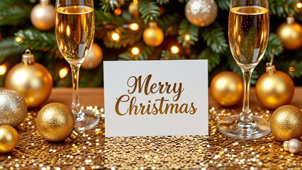 festive scene christmas tree background tree decorated gold silver ornaments lights two champagne glasses filled champagne right side side white card words merry christmas written gold cursive font