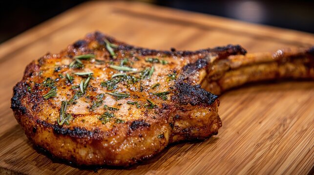 Flavorful grilled bone in meat portion rests upon a wooden cutting surface