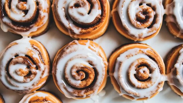 Delicious iced cinnamon rolls arranged on a baking tray: fresh and tempting