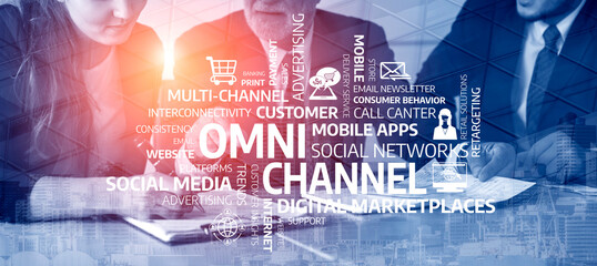 Professionals engage in a collaborative meeting to analyze omni-channel marketing strategies and digital tools in a business environment, focusing on customer engagement. Tessel