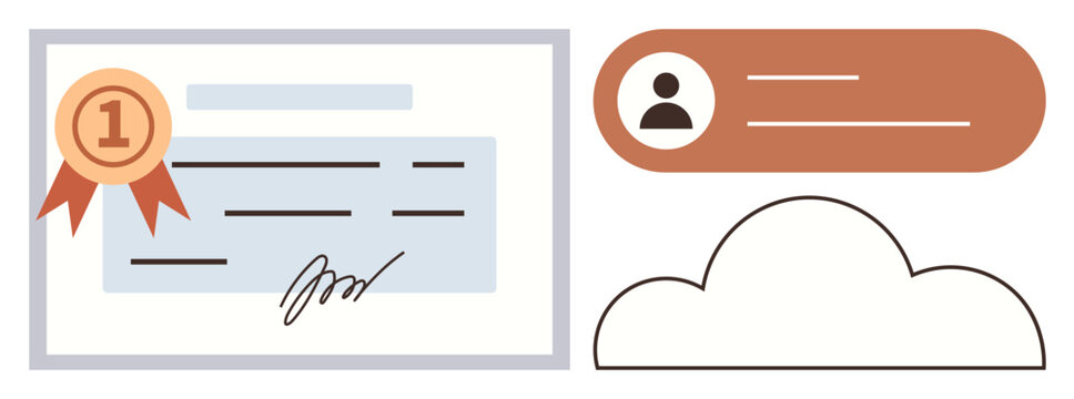 Certificate with signature, red ribbon, profile ID card, and cloud icon. Ideal for recognition, achievement, certification, profile management cloud security education data storage. Simple flat