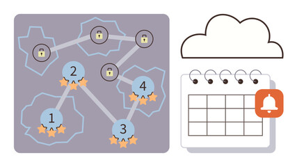 Flowchart with numbered nodes and star ratings links, padlocks for security, cloud icon, and calendar with notification. Ideal for teamwork, scheduling, project planning, cybersecurity, task
