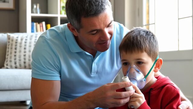 Father Assists Son with Breathing Treatment at Home