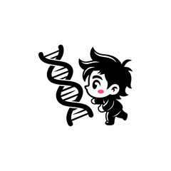 A chibi character runs next to a large DNA double helix. A simple black and white mascot for science, genetics, or biology.