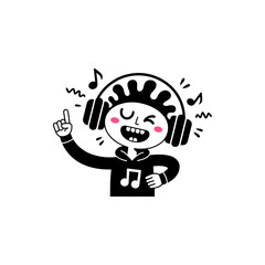 A chibi character with headphones, joyfully listening to music. A mascot for a DJ, party, or enjoying a song.