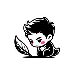 A cute chibi character sits quietly next to a large leaf. A black and white mascot for nature, environment, growth, or ecology.