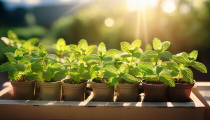 gardening mint plants in small containers during bright daylight outdoors for fresh herbs