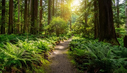 Fototapeta premium lush green ferns and moss create a serene forest pathway under soft morning light